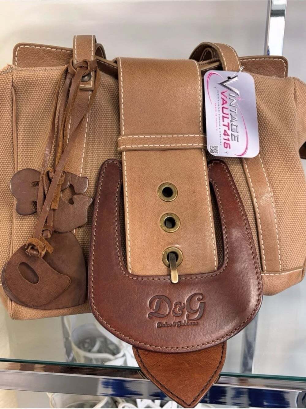 D&G Vintage Tan Canvas & Leather Shoulder Bag with Oversized Charm Dangle